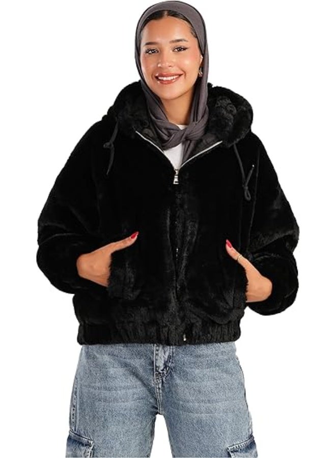 جاكيت  بغطاء للراس من الفرو الصناعي - Image 1